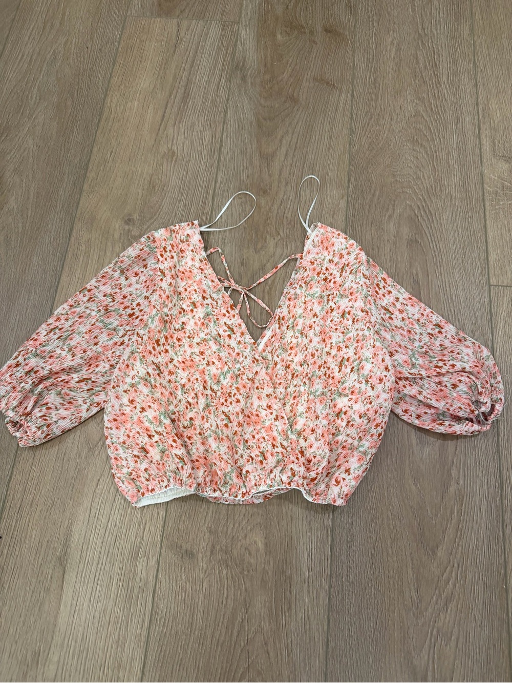 Lush Coral Floral Wrap-Style Tie-Back Crop Blouse